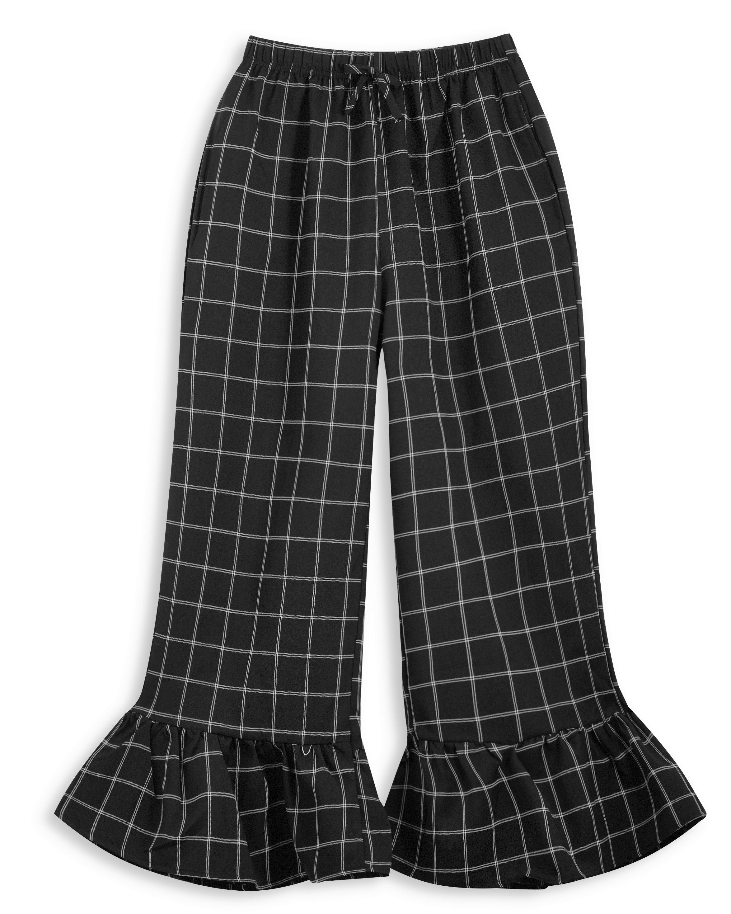 <img src="Black-White-Windowpane-Ruffled-Hem-Flare-Pants-Rockin-Wonder.jpg" alt="Black White Windowpane Ruffled Hem Flare Pants Rockin Wonder" loading="lazy">