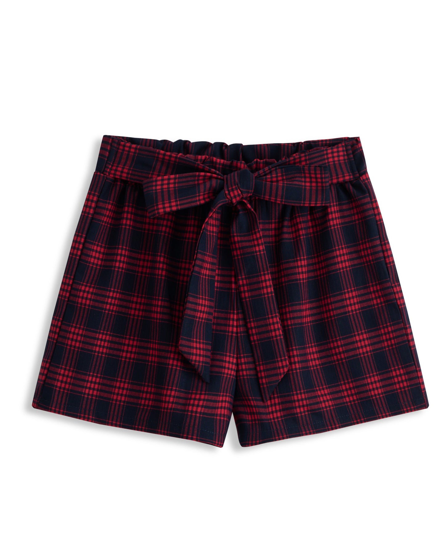 Navy & Red Plaid Tie-Front Shorts