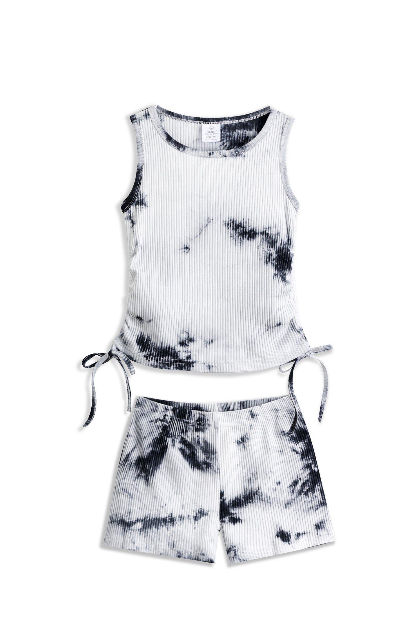 Black & White Tie-Dye Side-Tie Sleeveless Top & Shorts