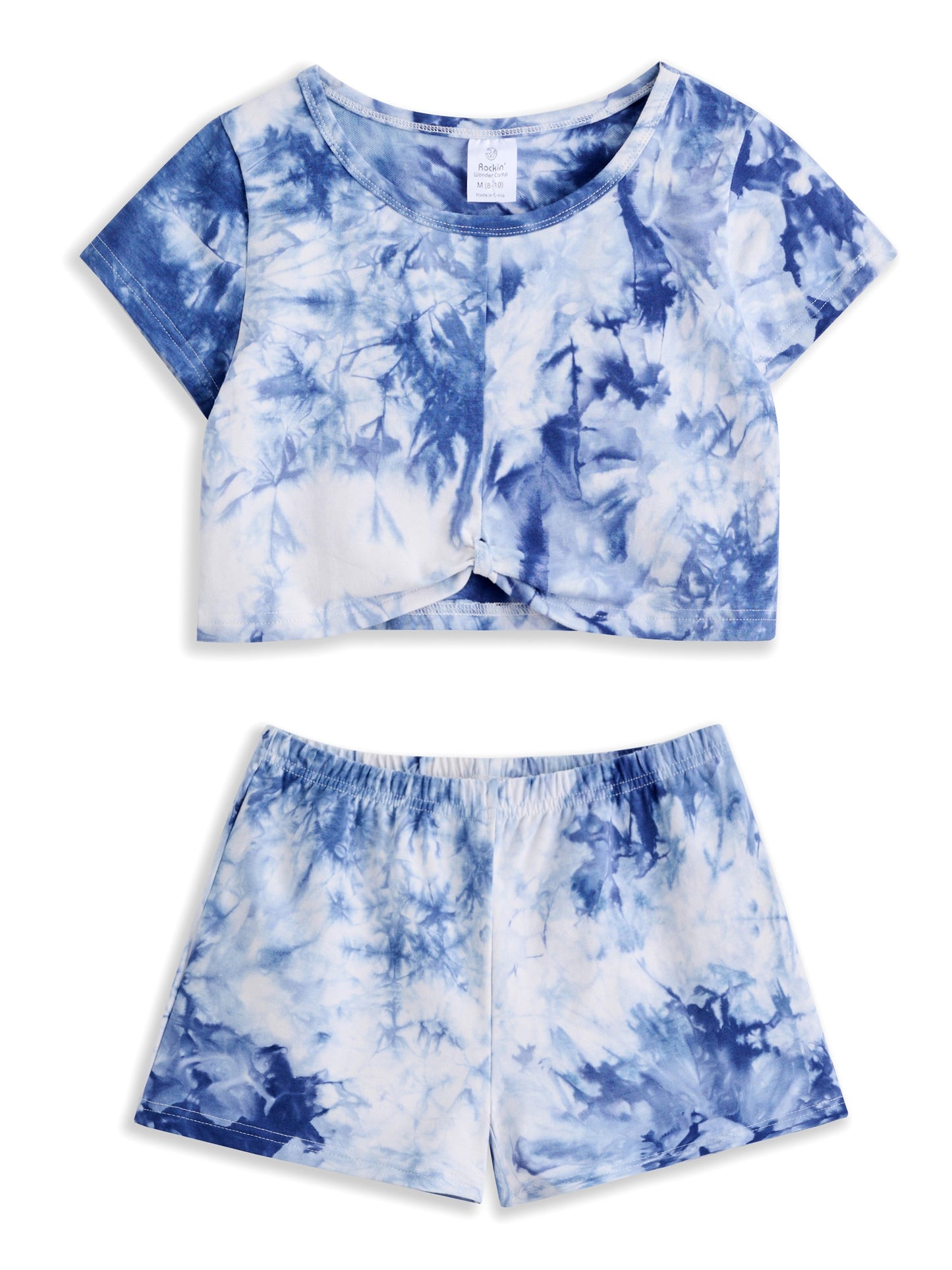 Blue & White Tie-Dye Knot Hem Crop Top & Shorts