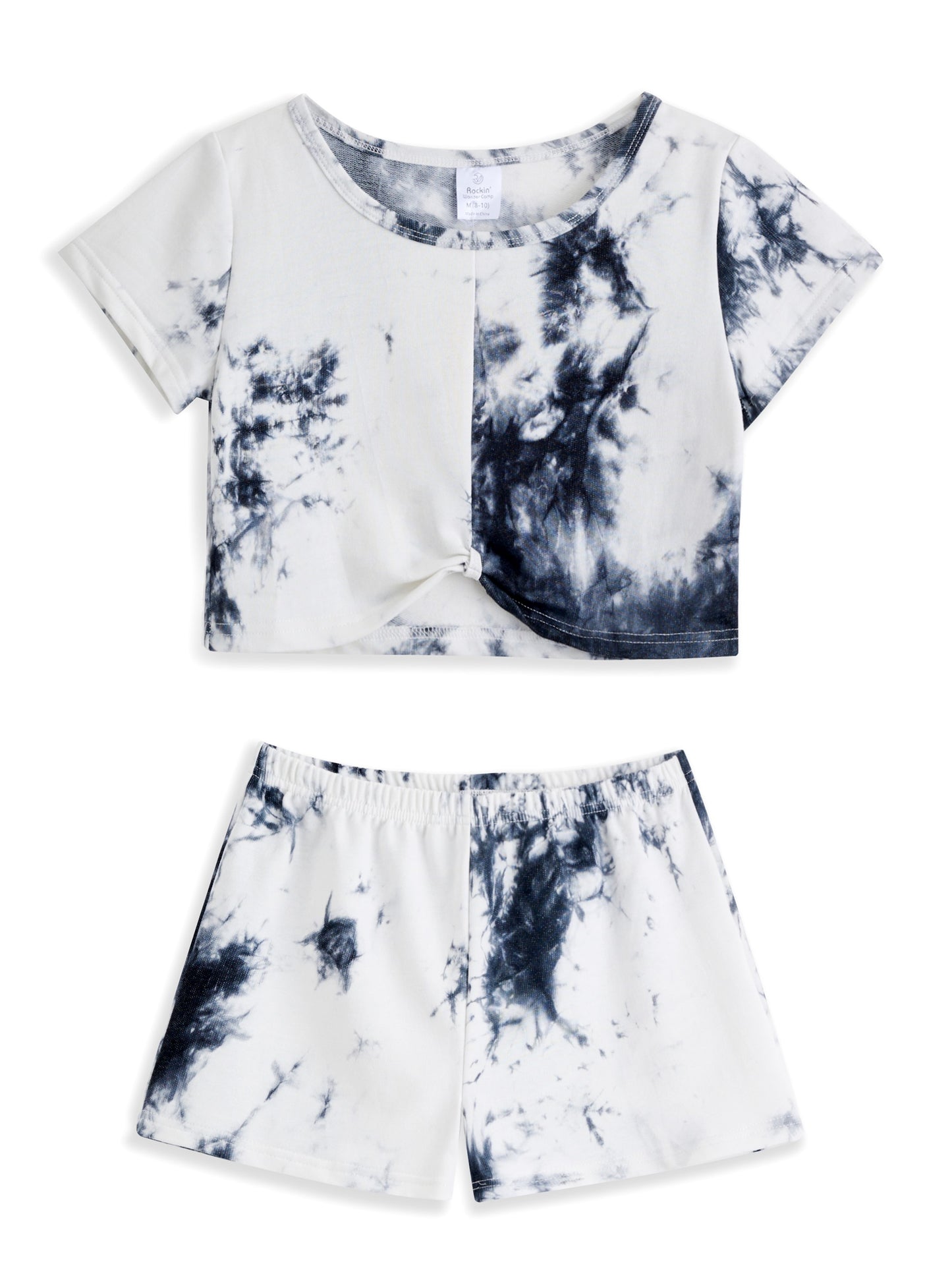 Black & White Tie-Dye Knot Hem Crop Top & Shorts