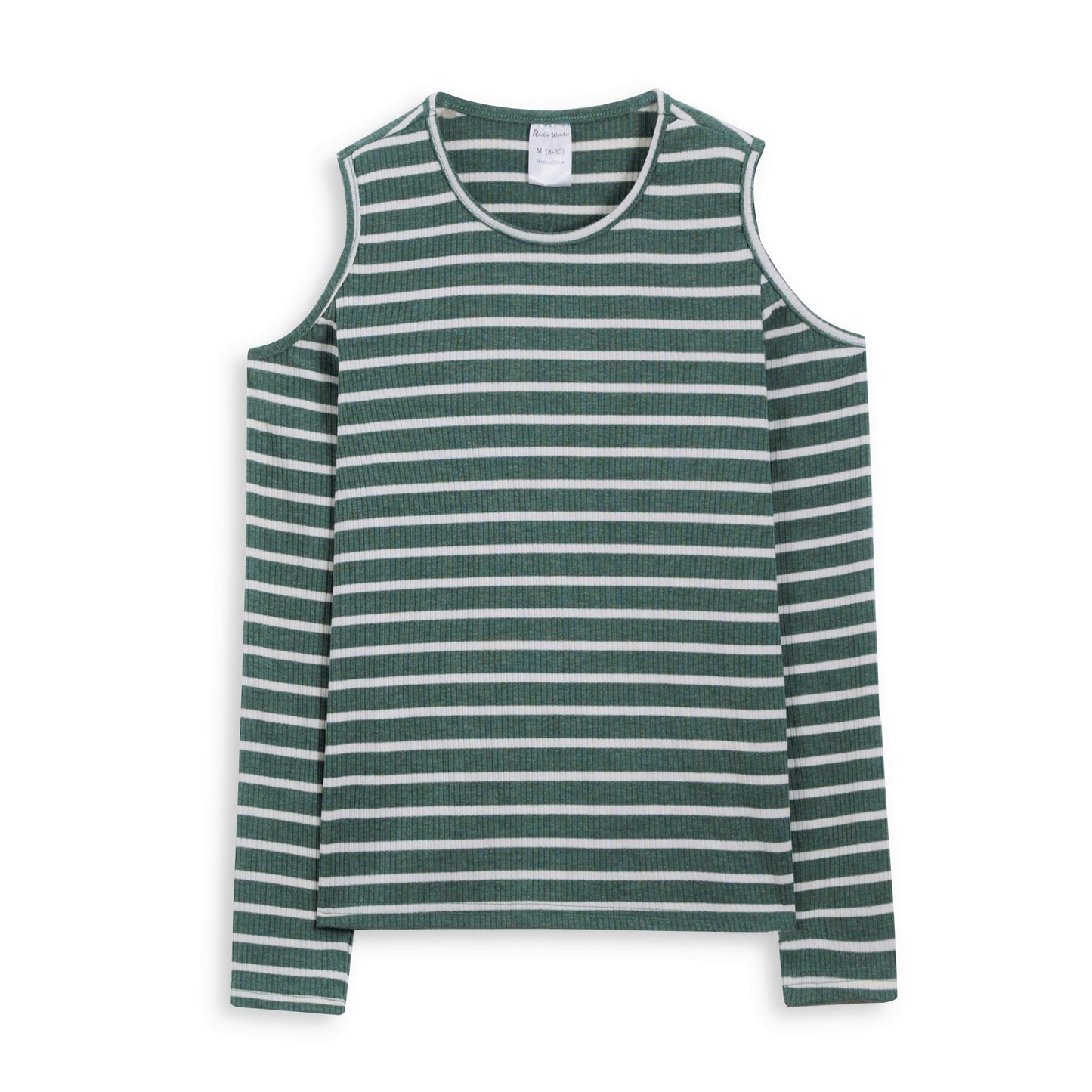 Green & White Stripe Rib-Knit Cold Shoulder Long-Sleeve Tee