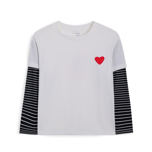 White & Black Stripe Heart Long-Sleeve Layered Tee