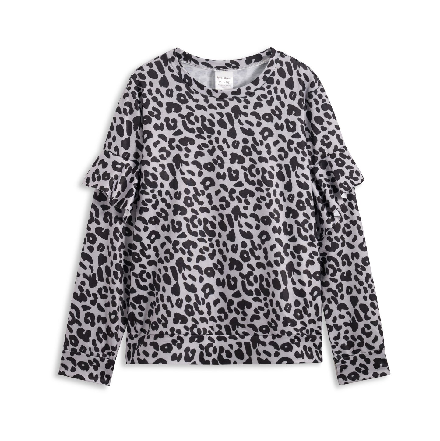 Gray & Black Leopard Ruffle Long-Sleeves Tunic