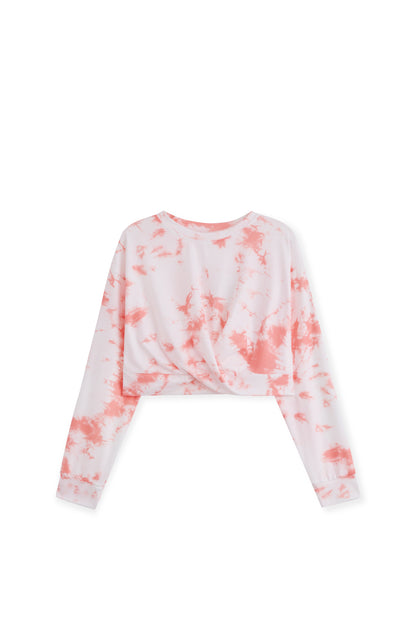 Orange & White Tie-Dye Long Sleeve Twist-Front Top