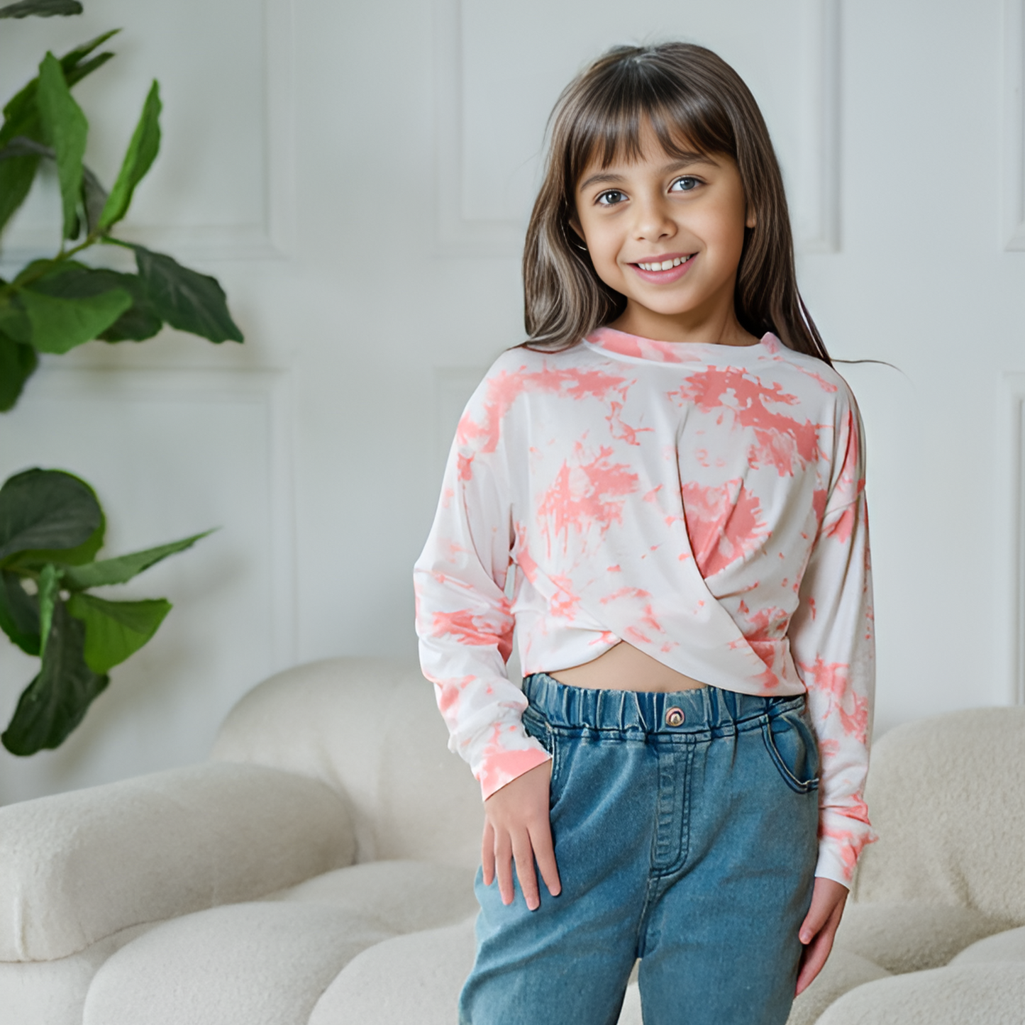 Orange & White Tie-Dye Long Sleeve Twist-Front Top