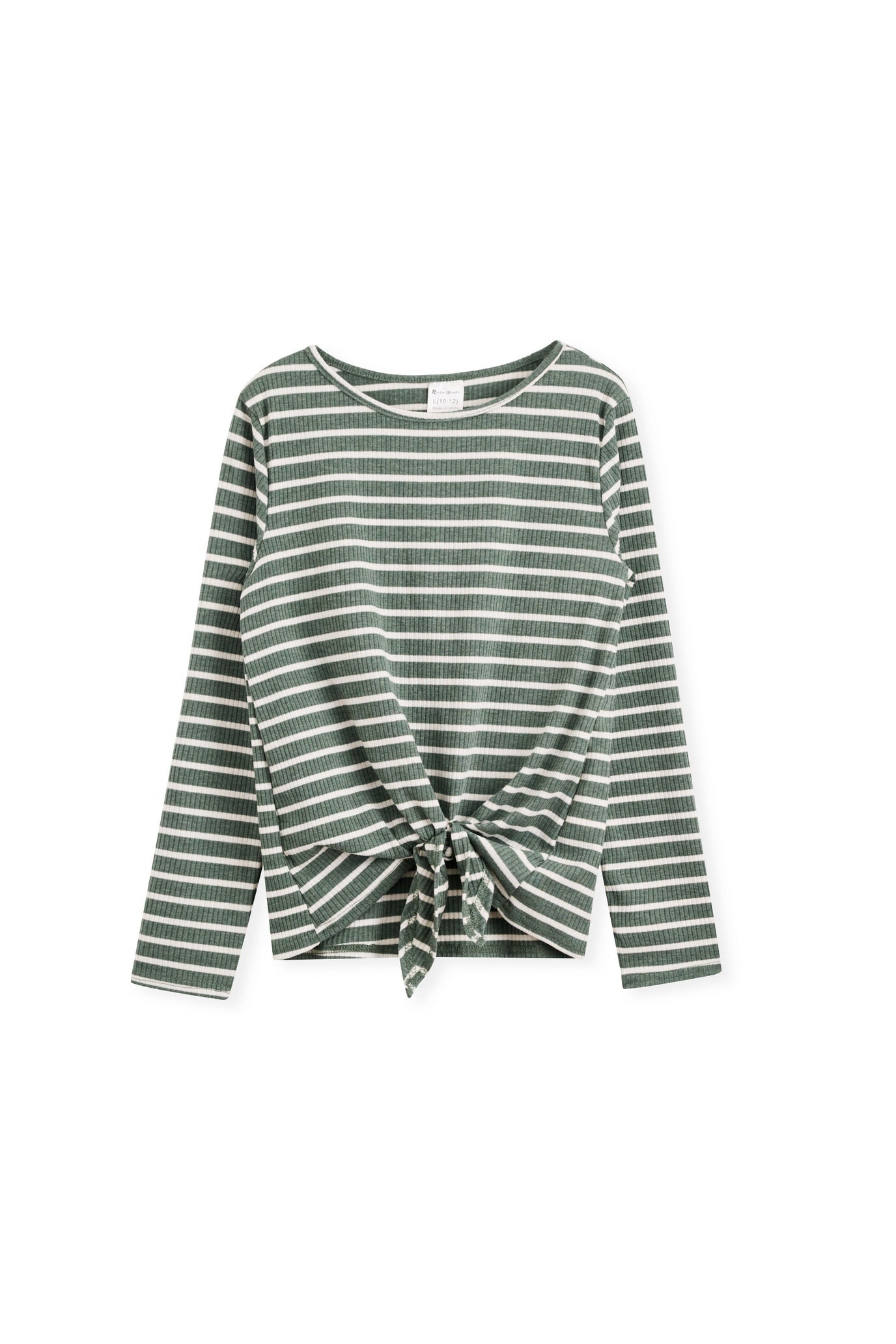 Green & White Striped Tie-Front Long Sleeves Top