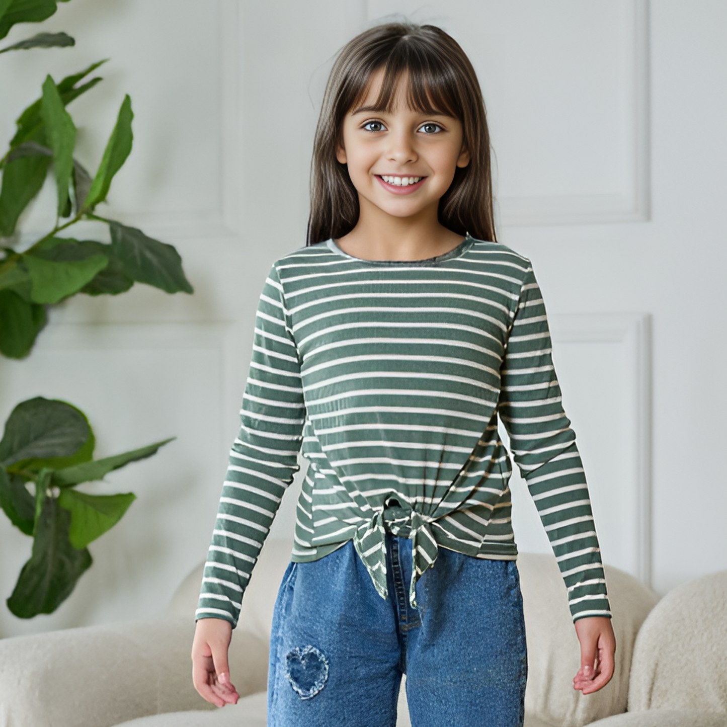 Green & White Striped Tie-Front Long Sleeves Top