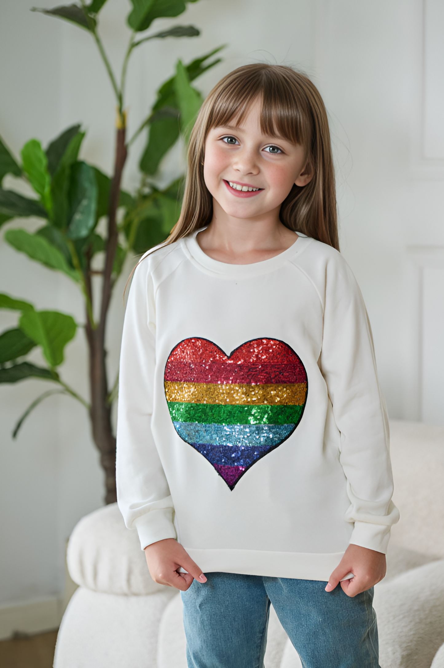 White & Rainbow Heart Embroidery Long Sleeves Sweatshirt