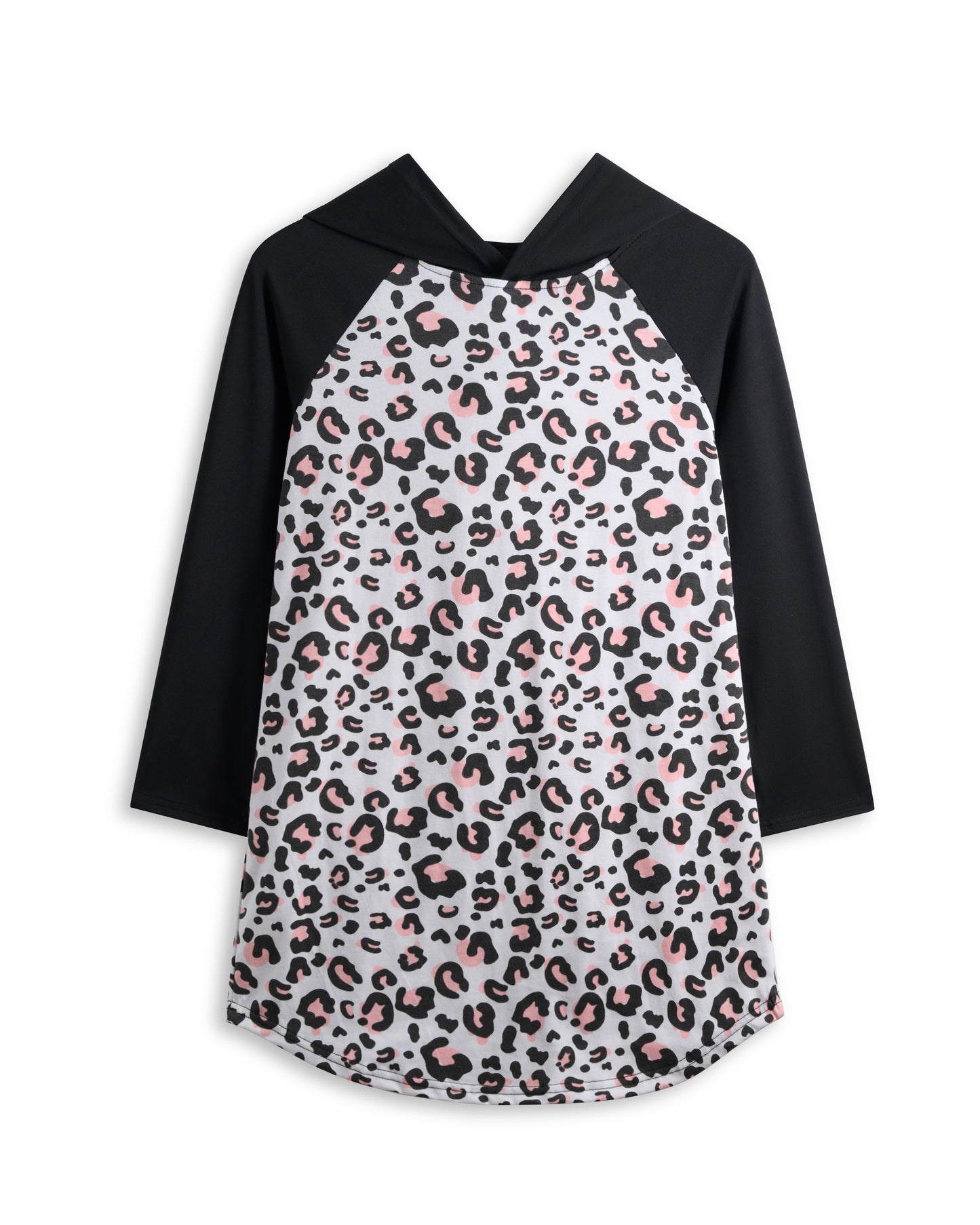 Black & Pink Leopard Long-Sleeve Hooded T-Shirt Dress