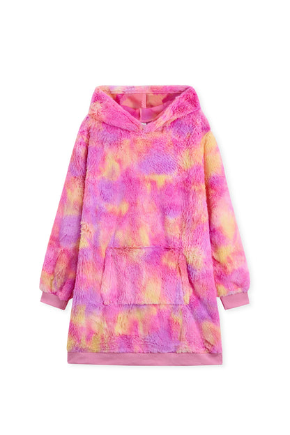 Pink & Puple & Orange Tie-Dye Faux Fur Long Sleeves Hoodie Dress