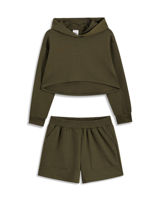 Green High Low Hem Long Sleeves Hoodie & Paperbag Shorts