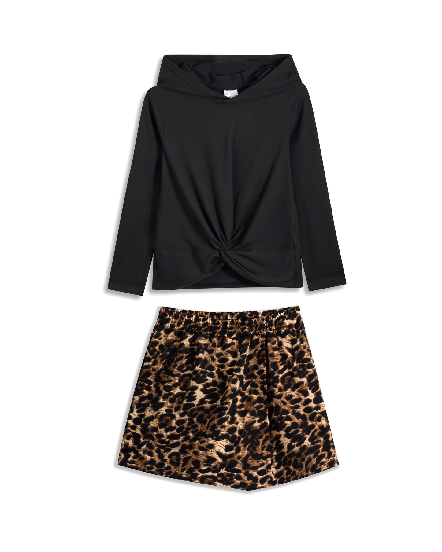 Black Twist-Front Hoodie & Brown Leopard Skorts