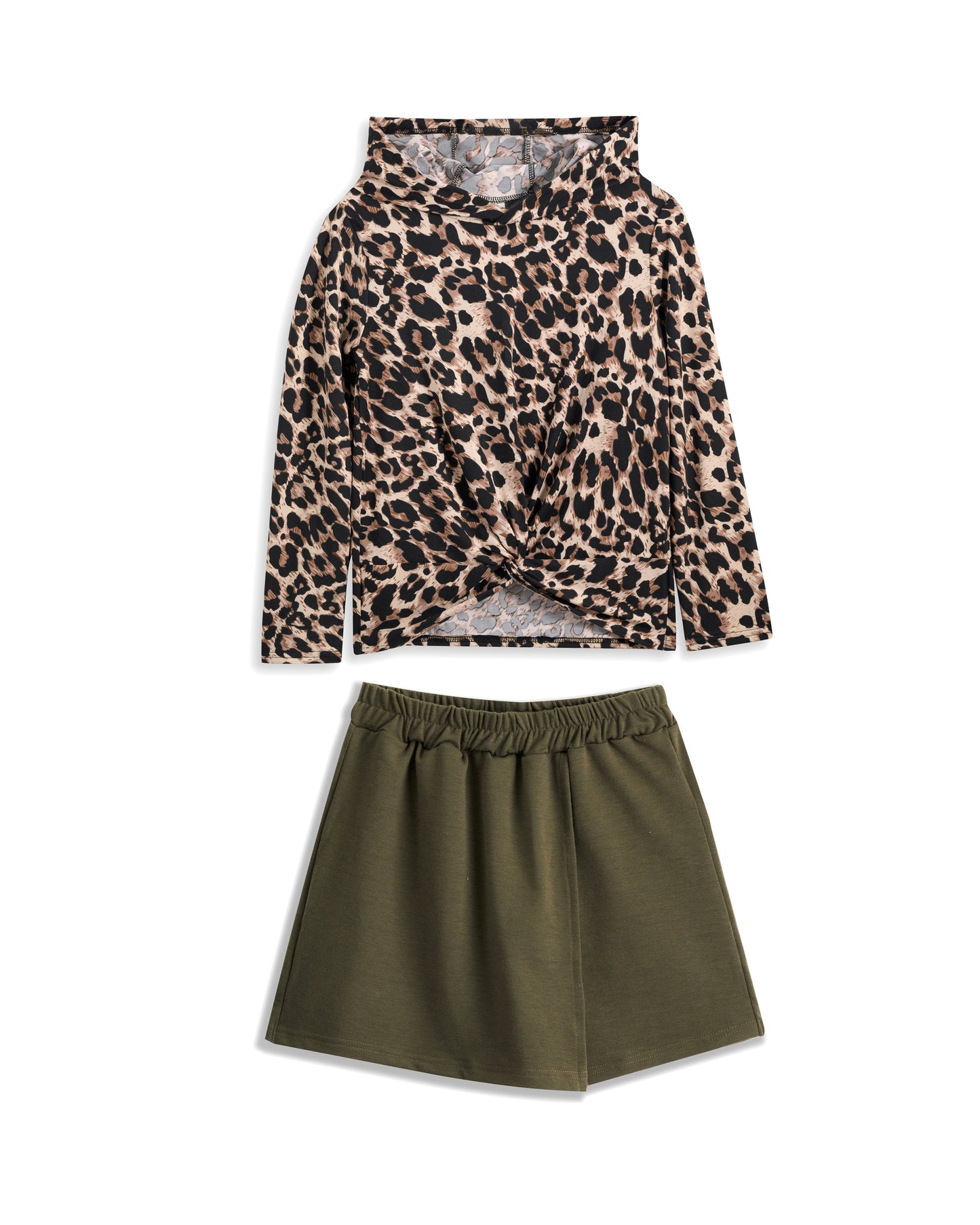 Brown Leopard Twist-Front Hoodie & Green Skorts