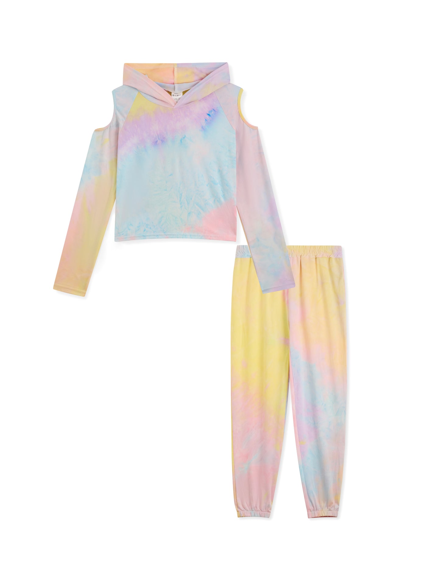 Yellow & Blue & Pink Tie-Dye Cold-Shoulder Hoodie & Joggers