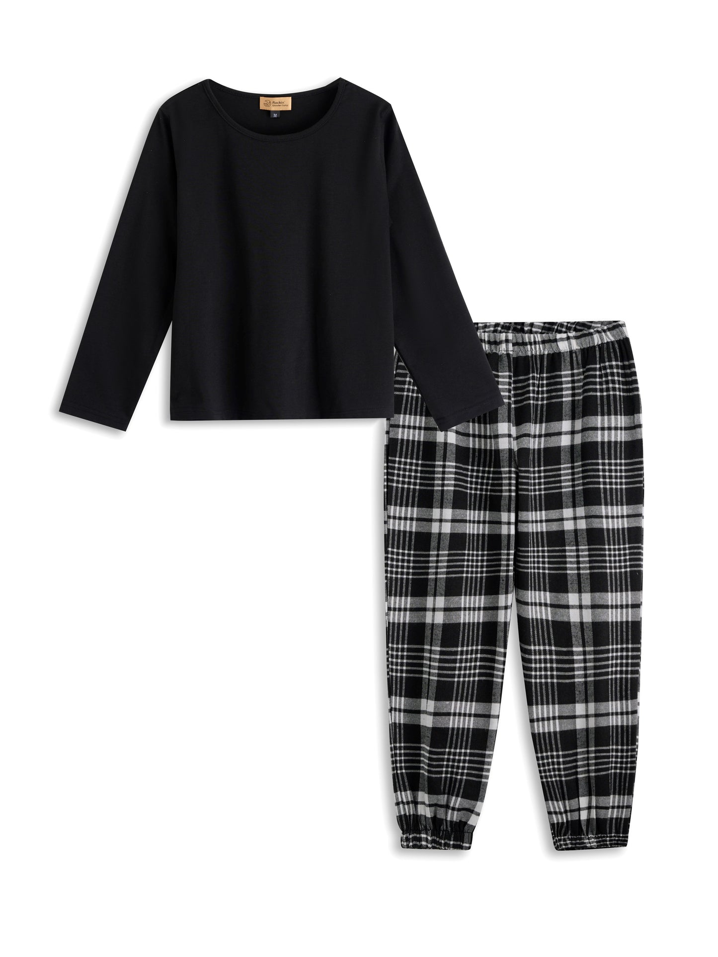 Black Long-Sleeve Top & Black Plaid Joggers