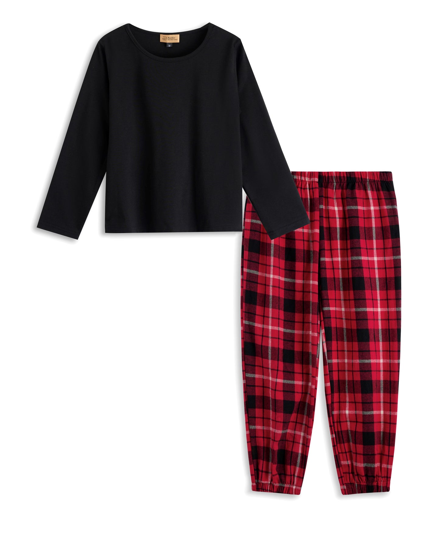 Black Long-Sleeve Top & Red Plaid Joggers