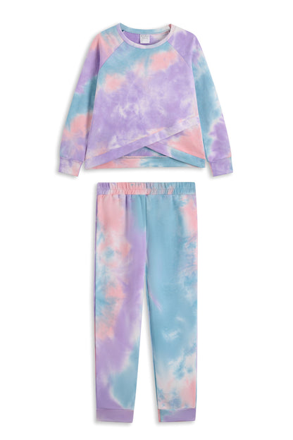 Blue & Purple Tie-Dye Cross-Front Long-Sleeve Top & Jogger