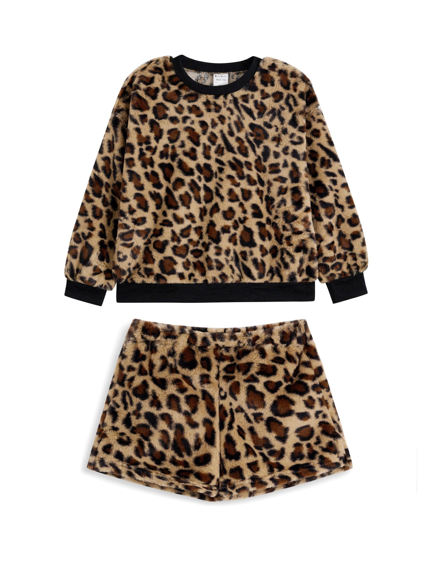 Black & Brown Leopard Faux Fur Long-Sleeve Top & Shorts