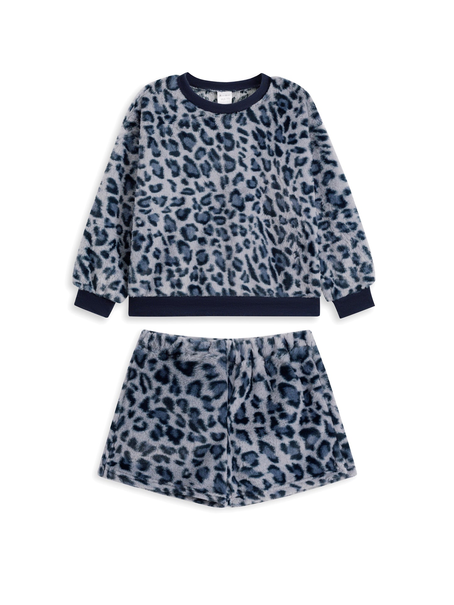 Blue Leopard Faux Fur Long-Sleeve Top & Shorts