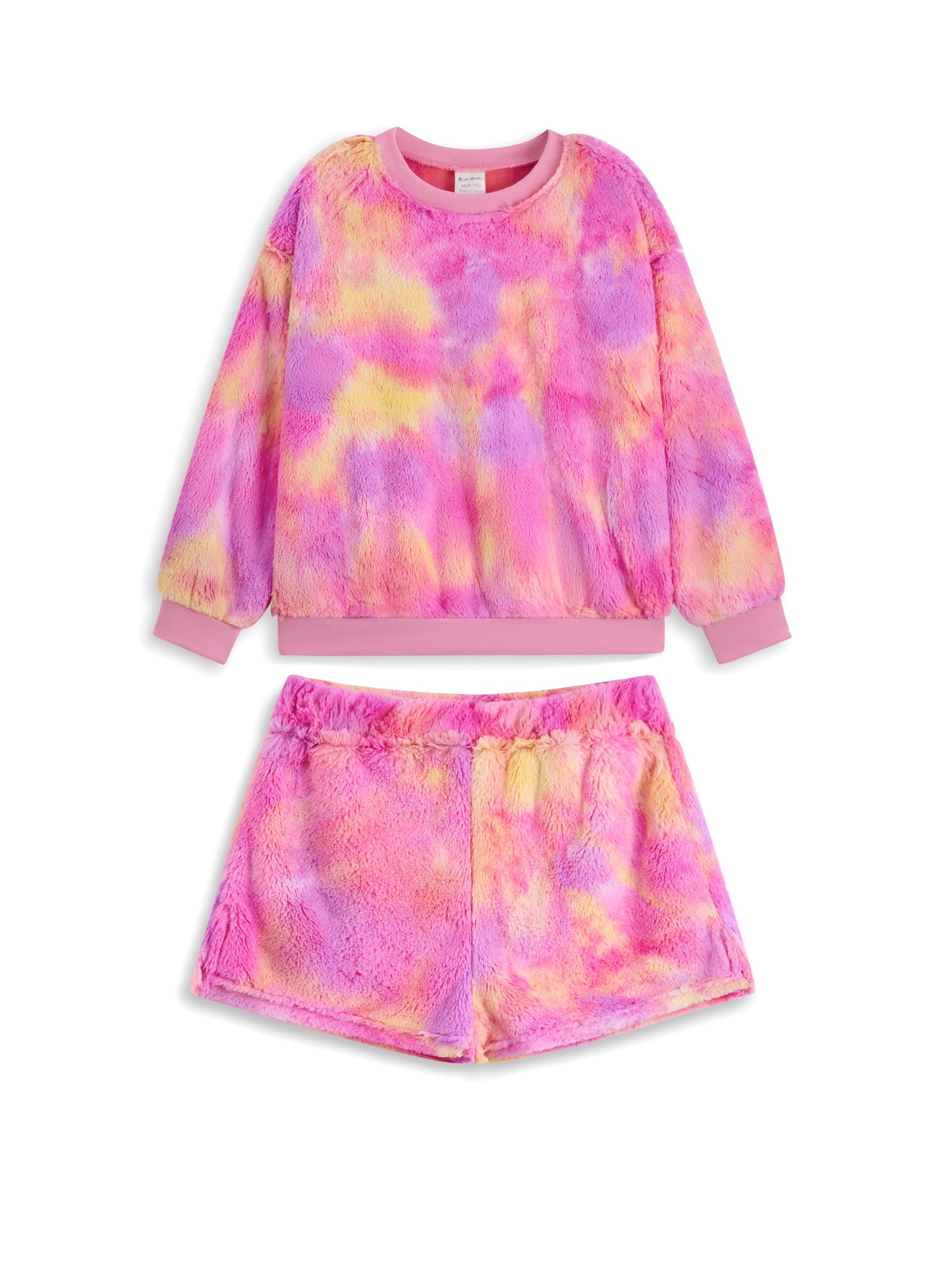 Pink & Purple Tie-Dye Faux Fur Long-Sleeve Top & Shorts