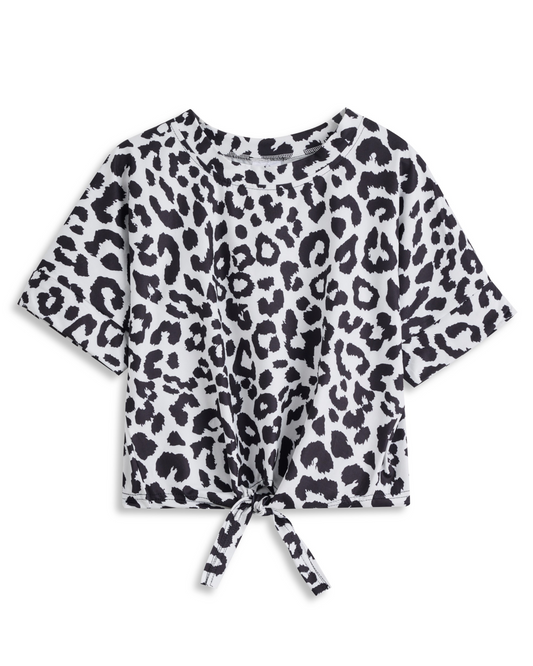 White & Black Leopard Tie-Front Top