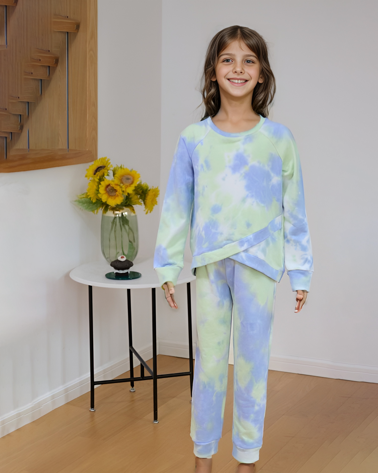 Blue & Green Tie-Dye Cross-Front Long-Sleeve Top & Joggers