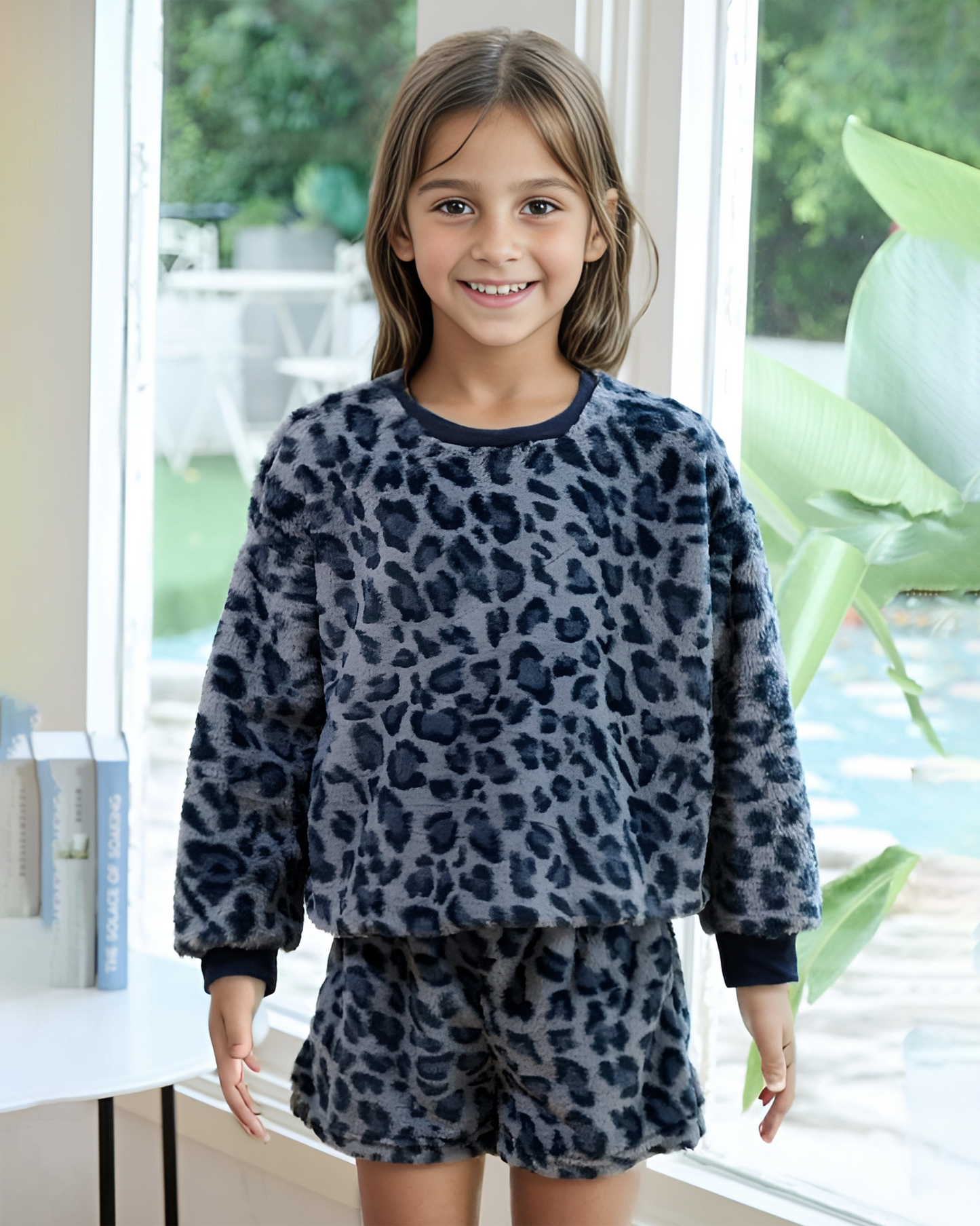 Blue Leopard Faux Fur Long-Sleeve Top & Shorts