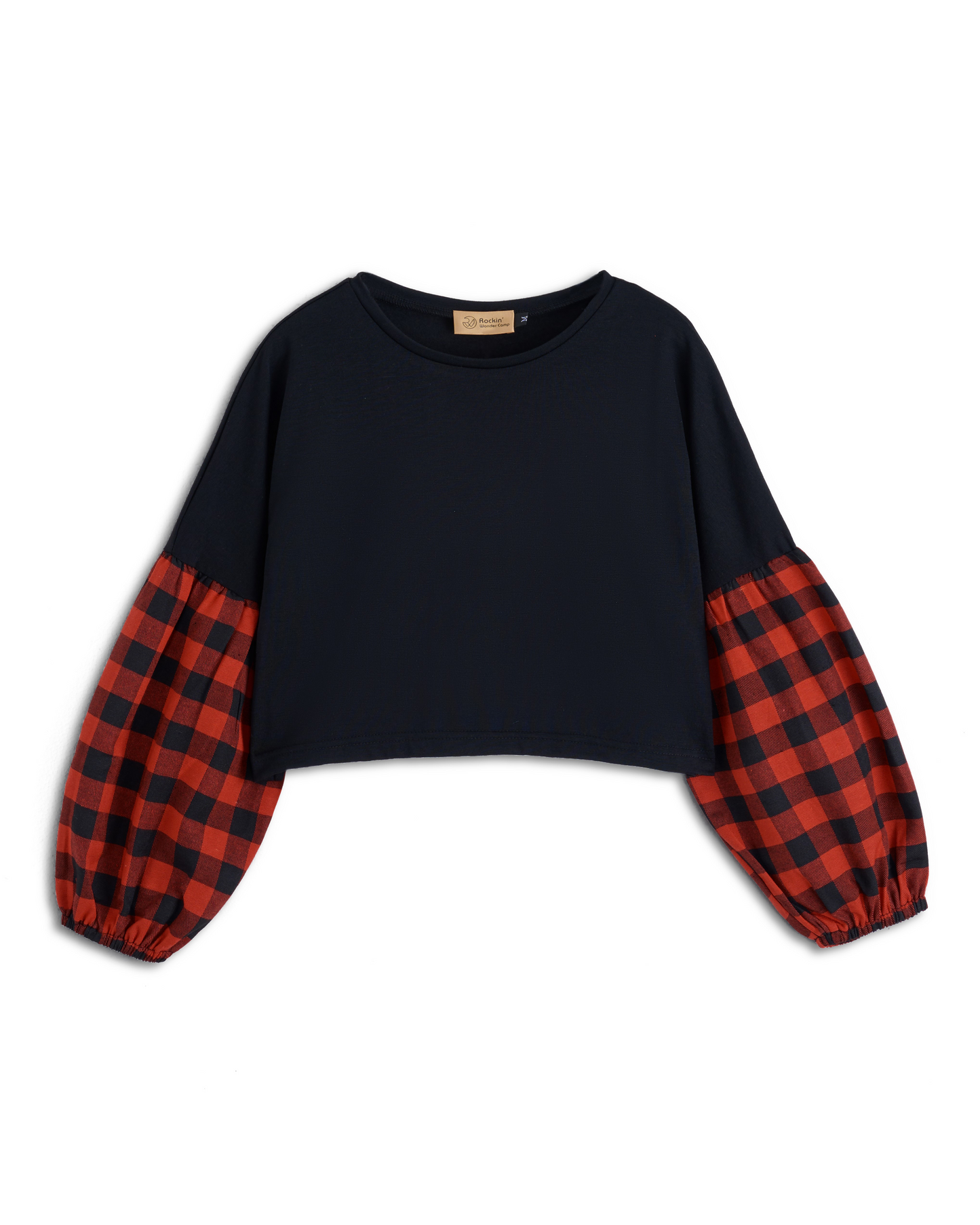 Black & Red Plaid Contrast-Sleeve Crop Top