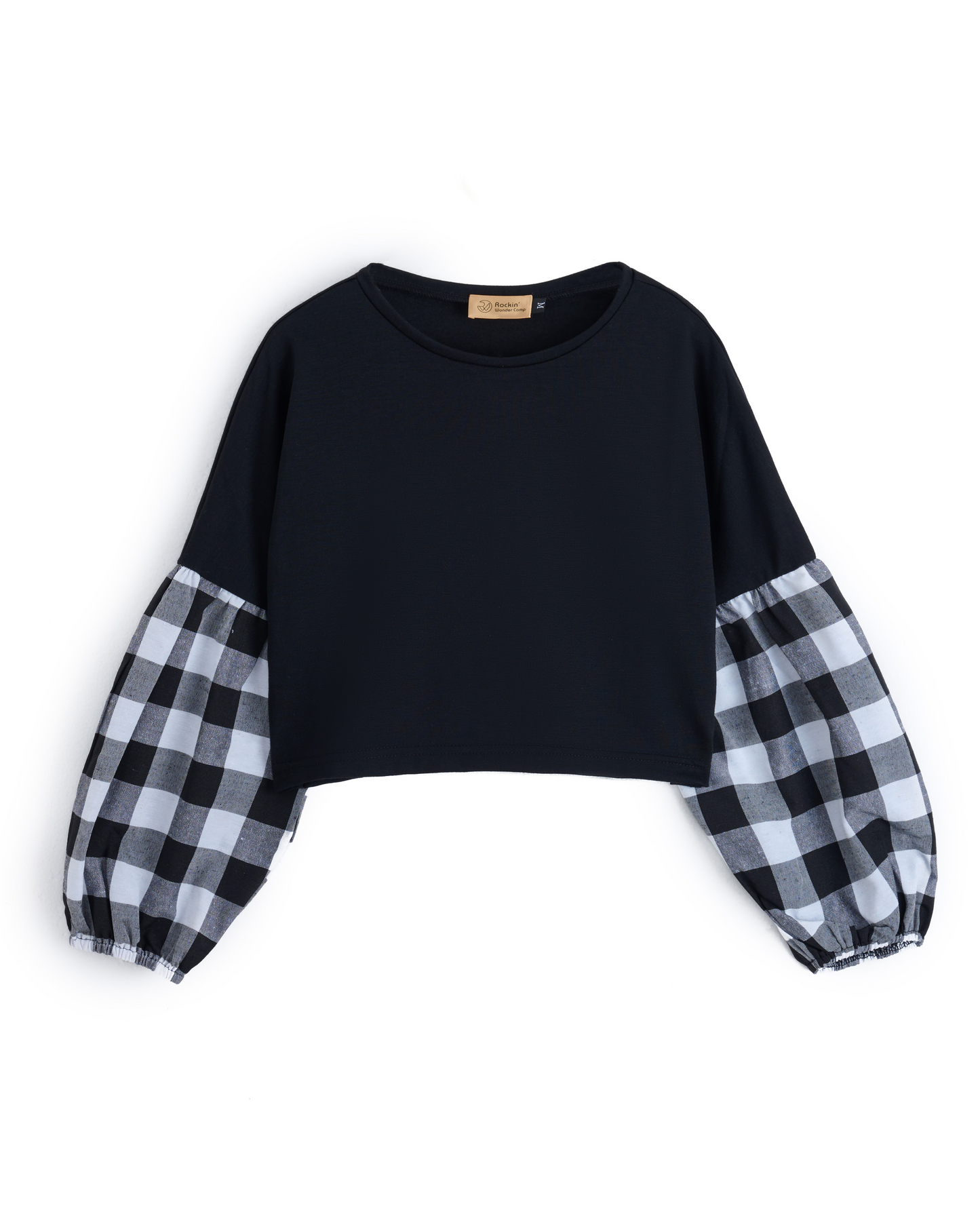 Black & White Plaid Contrast-Sleeve Crop Top