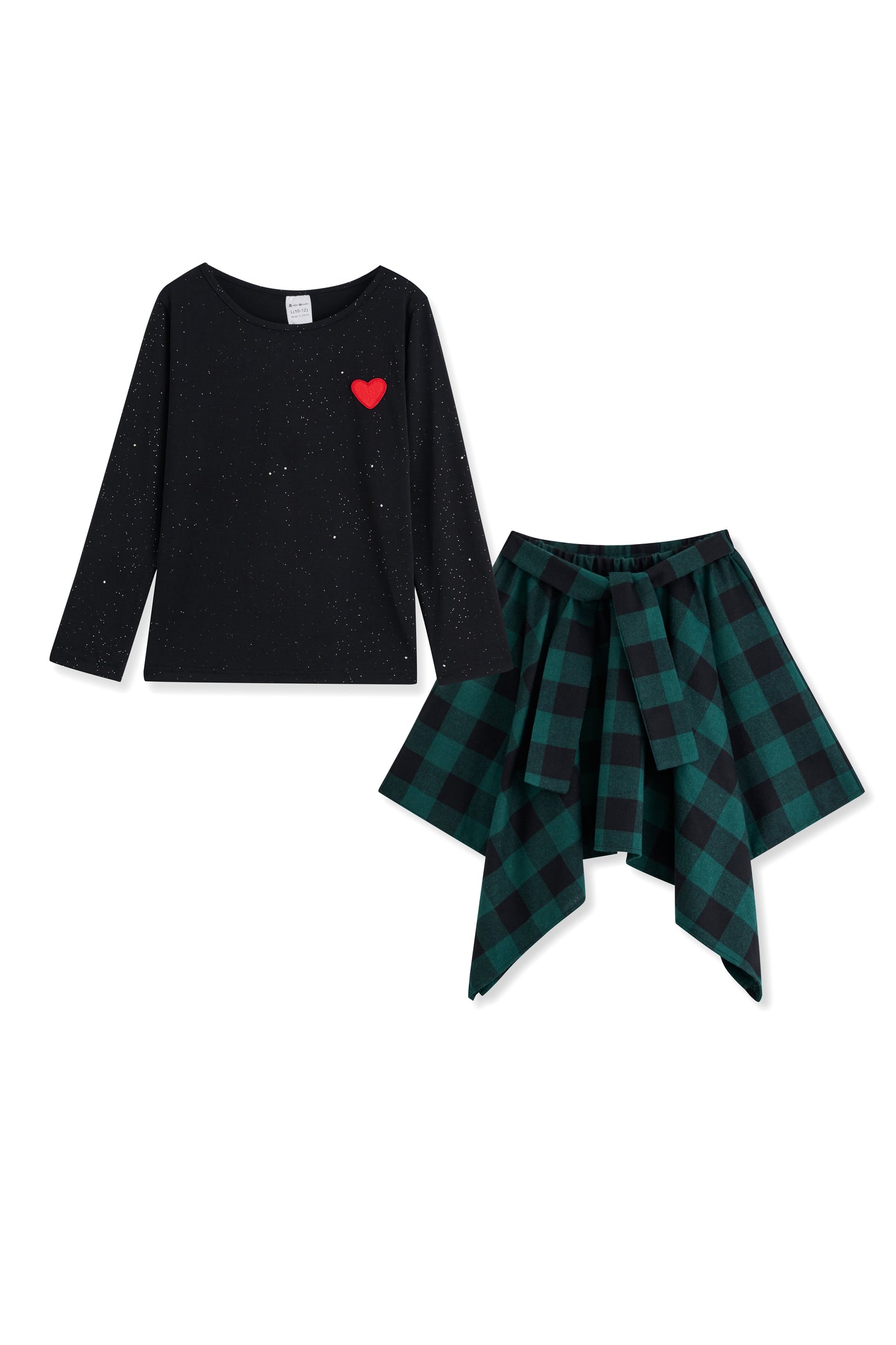 Black Tee & Heart Embroidery Long Sleeves Top & Green & Black Plaid Handkerchief Skirt