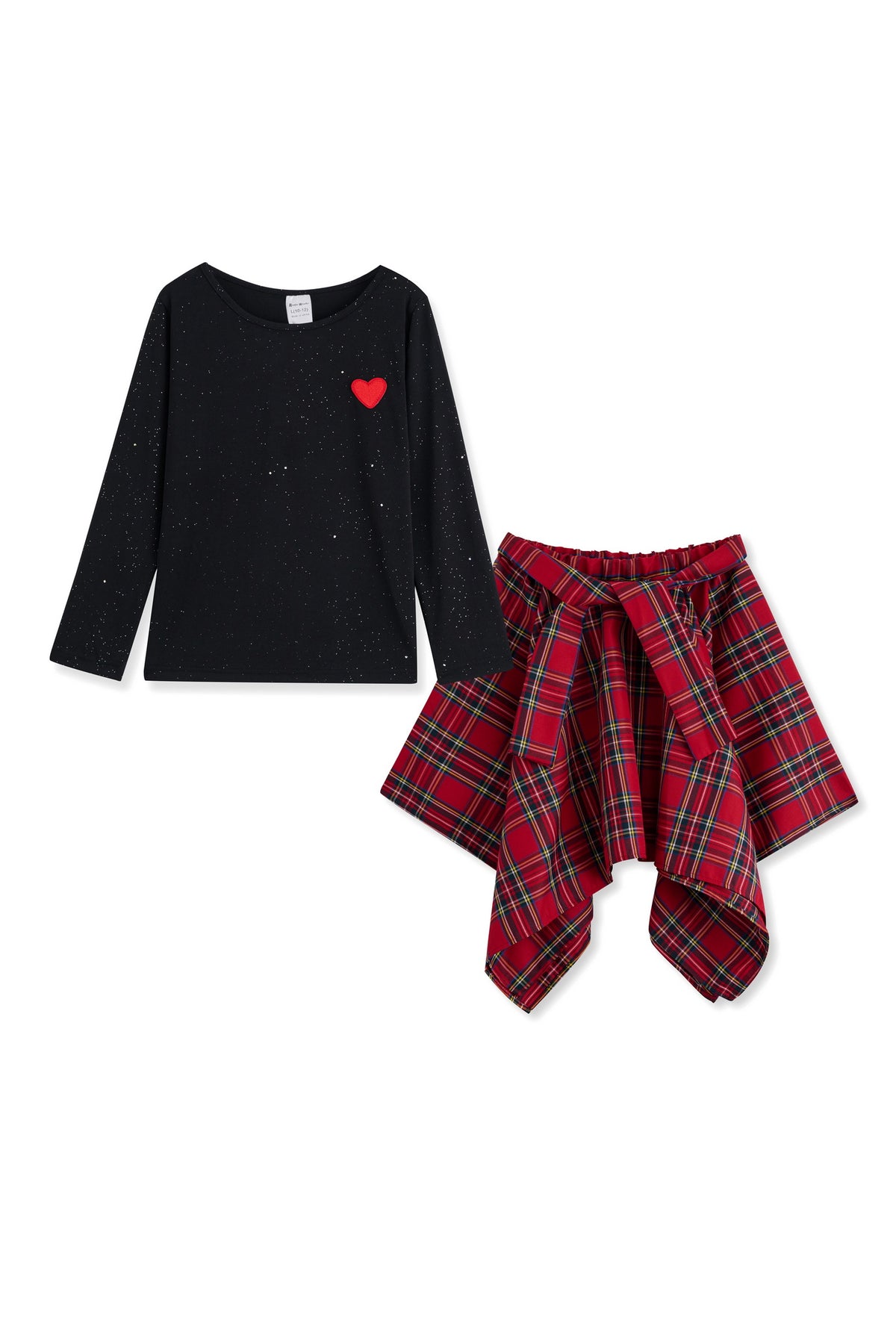 Black Tee & Heart Embroidery Long Sleeves Top & Red Plaid Handkerchief Skirt