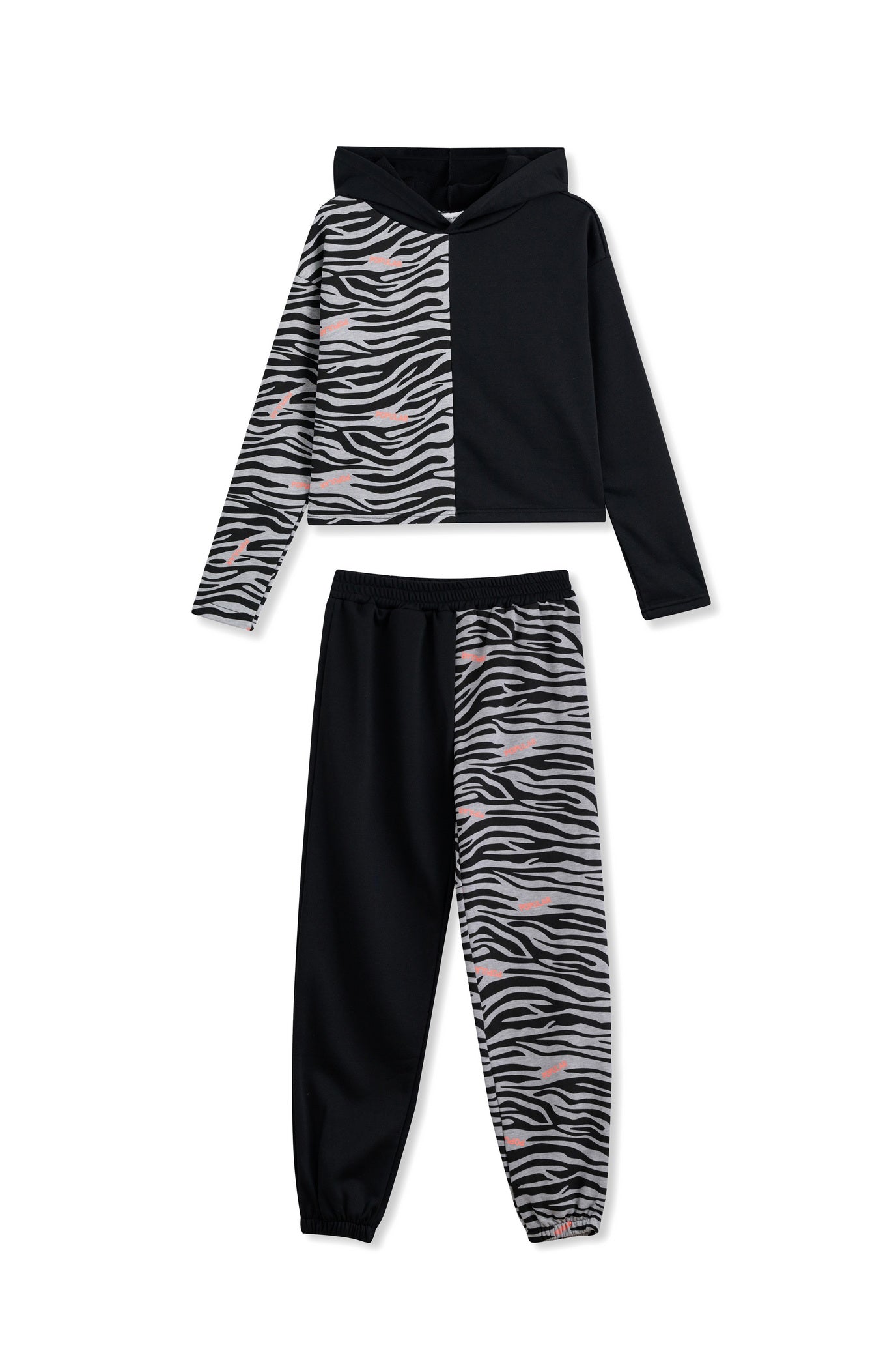 Black & Zebra Print-Contrast Hoodie & Joggers